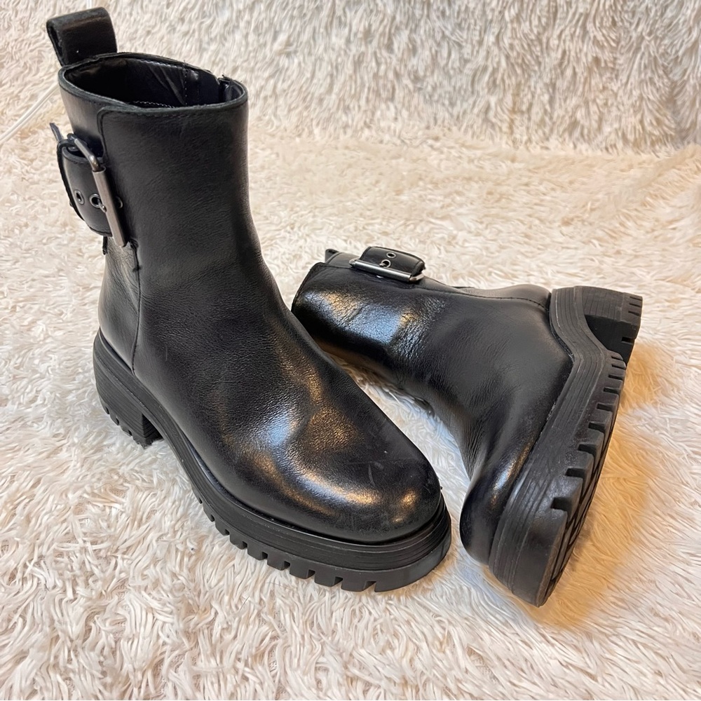 Franco Sarto black leather chunky buckle lug sole Jersey boots - Picture 2 of 9